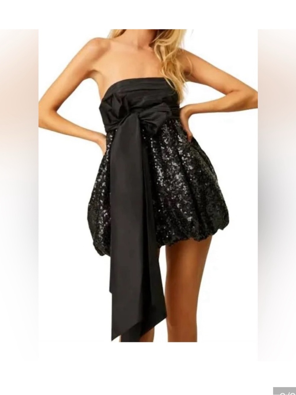 LoveShackFancy Black Strapless Sequin Bubble Mini with Oversized Bow Sash